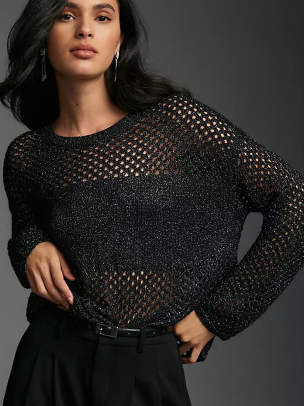 Like New Anthropologie Pilcro Open Stitch Pullover Sweater Black Metallic Large